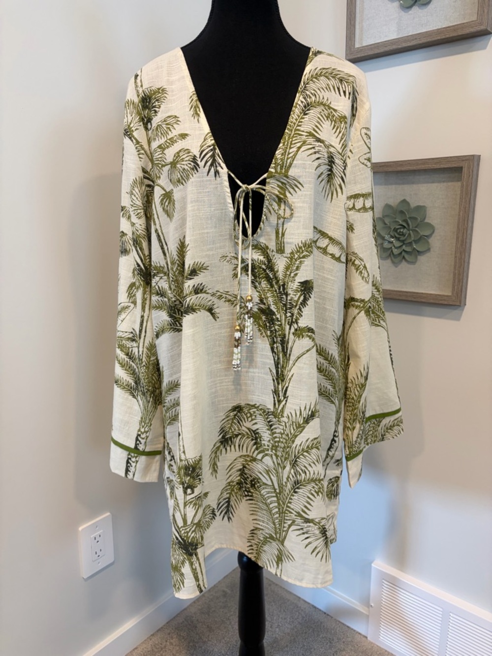 Dotti Cream & Green Palm Print 💯 Cotton Swim Coverup With Beaded Tassels